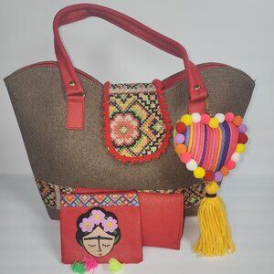 Frida Kahlo Floral Multicolor Tote Handbag With Matching Wallets